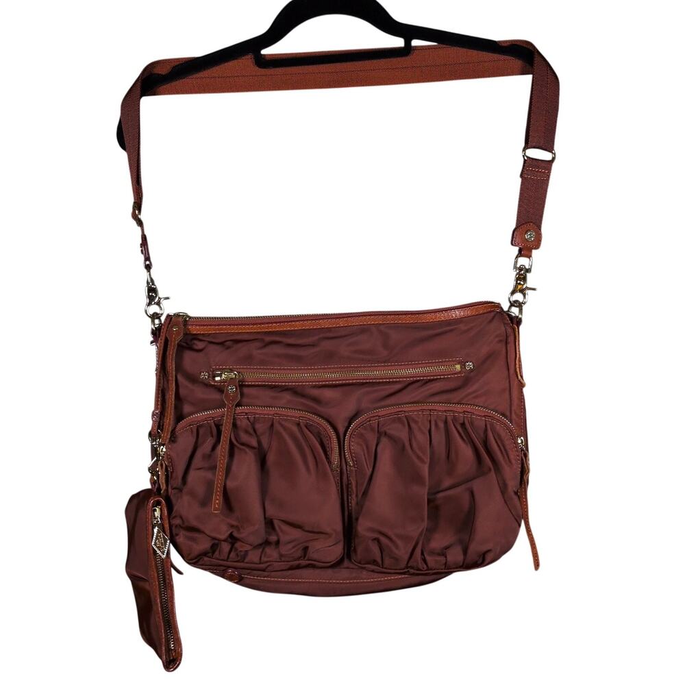 MZ Wallace Nylon Leather Messenger Shoulder Bag Satchel Burgundy with Zip Pouch